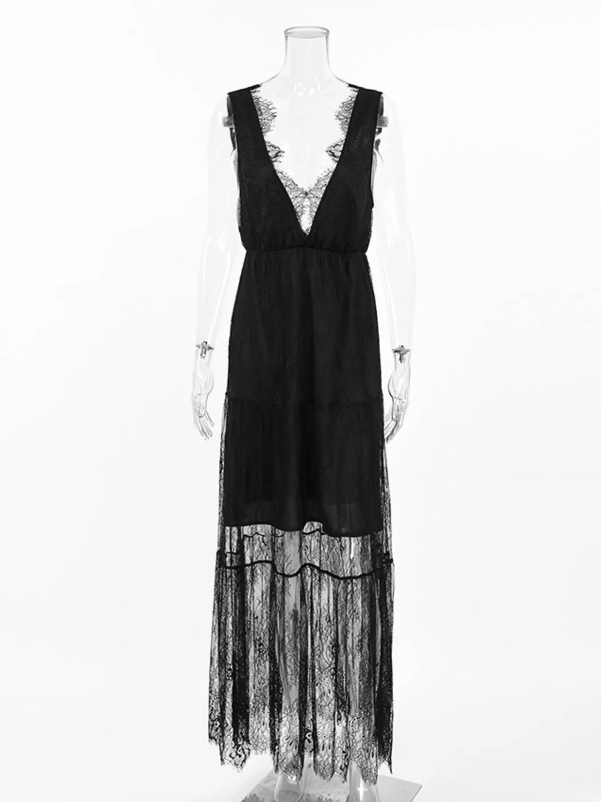 Lace V-Neck Sleeveless Maxi Dress - Black - View 4
