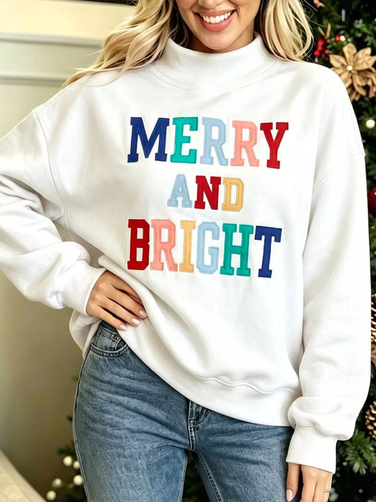 MERRY AND BRIGHT Stitched Letter Pattern Mock Neck Sweatshirt - White - View 1