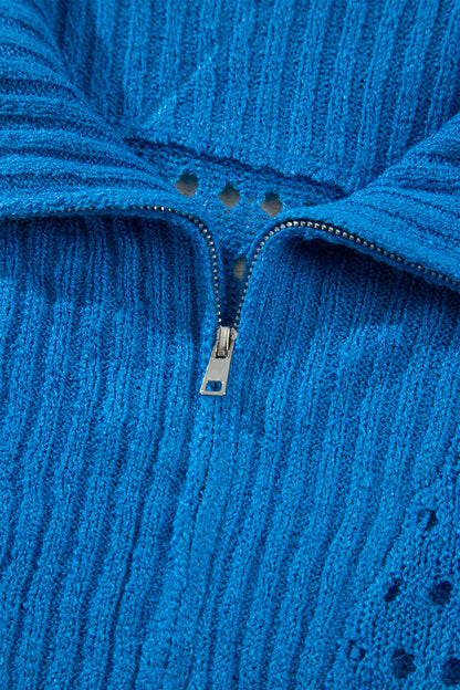 Sky Blue Cutout Knit Zip-Collar Top - Sky Blue - View 13