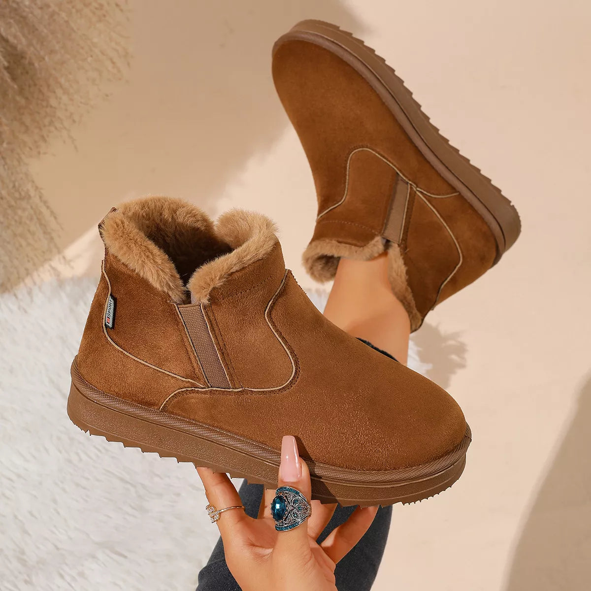 Plush Lined Winter Ankle Boots - Camel - View 4