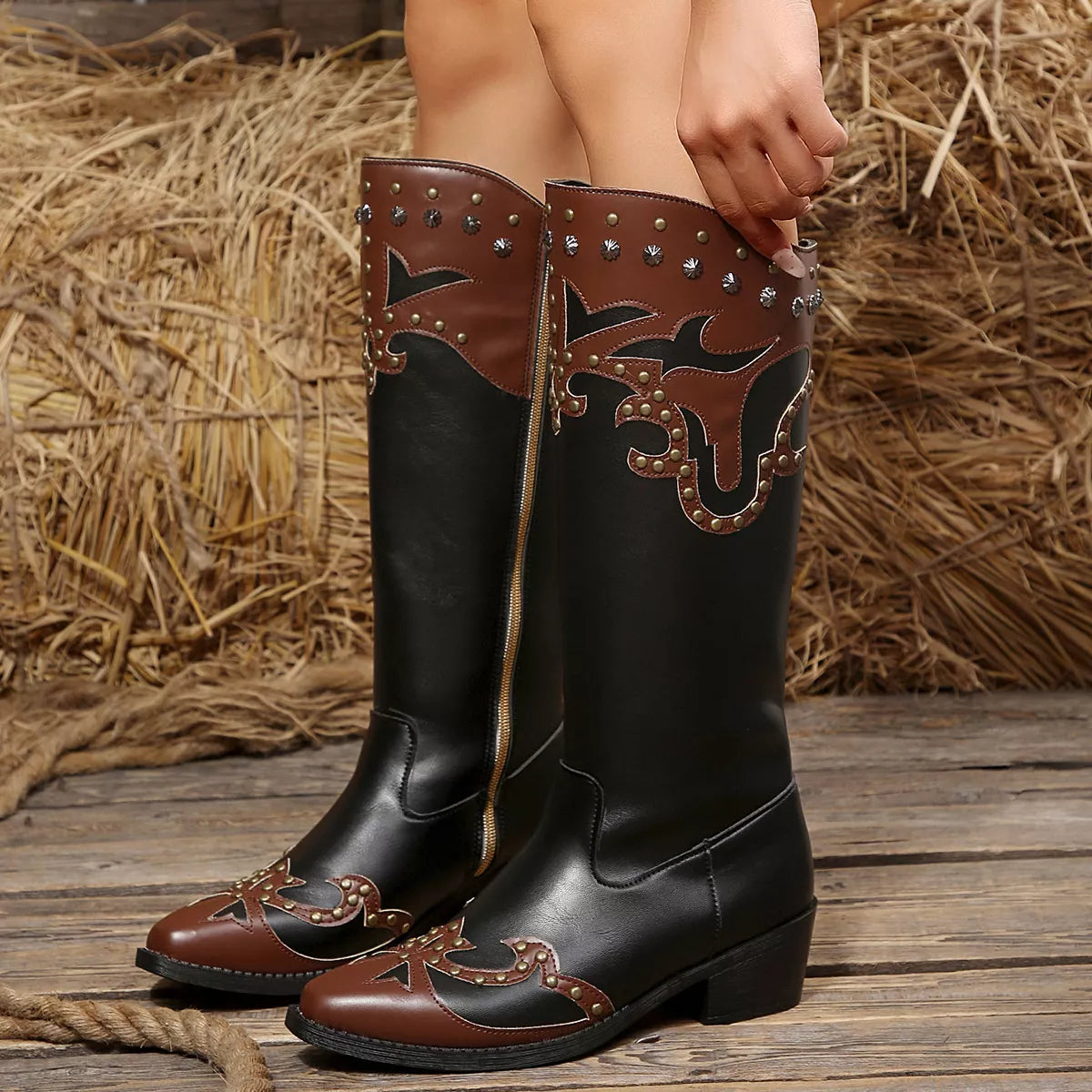 Point Toe Block Heels Boots - Black - View 5