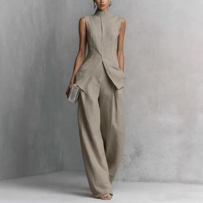 Solid color sleeveless pants set