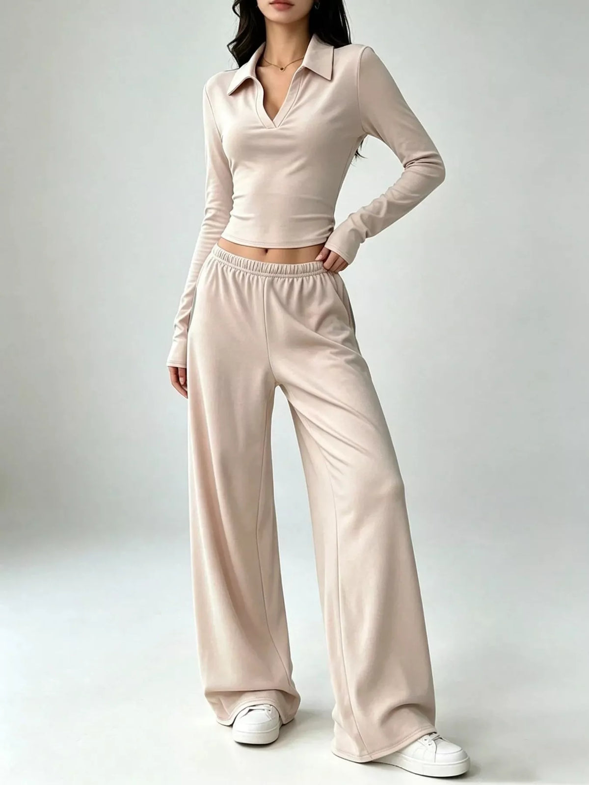 Solid Color Long Sleeve Polo Collar Top and Wide Leg Pants Set - Apricot - View 2