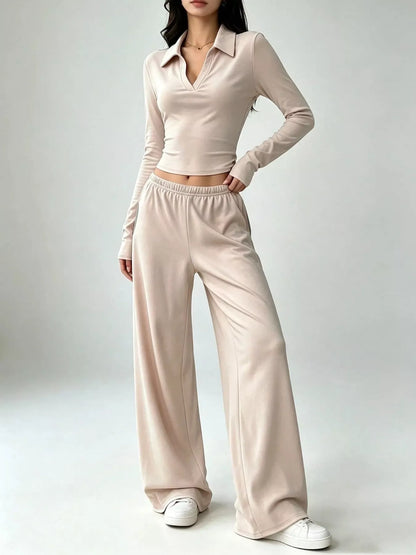 Solid Color Long Sleeve Polo Collar Top and Wide Leg Pants Set - Apricot - View 2