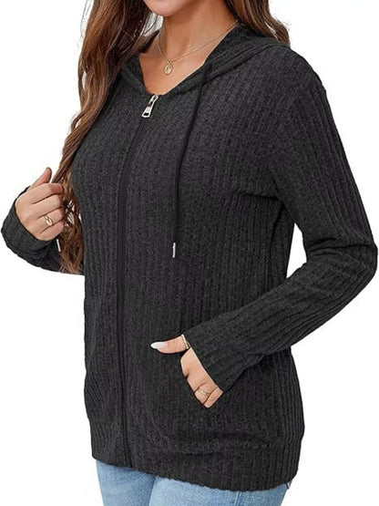 Ribbed Knit Zip-Up Hooded Cardigan - Black - View 3