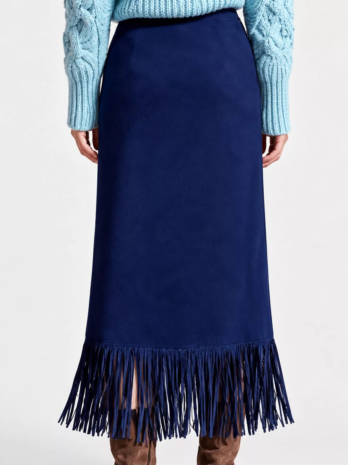High-Waisted Fringe Midi Skirt - Dark Blue - View 22