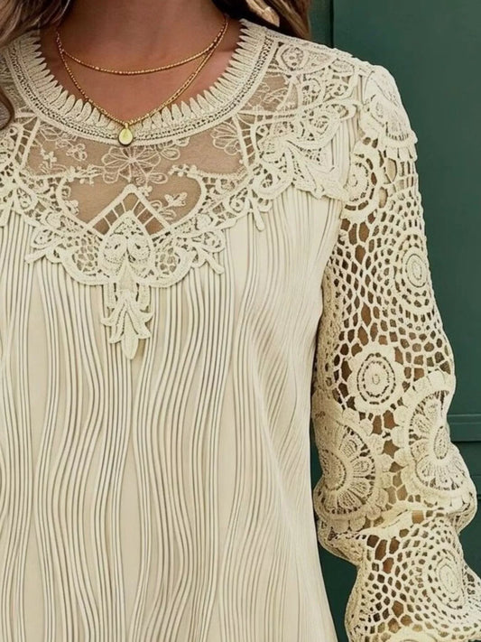 Lace Patchwork Long Sleeve Blouse - Beige - View 2