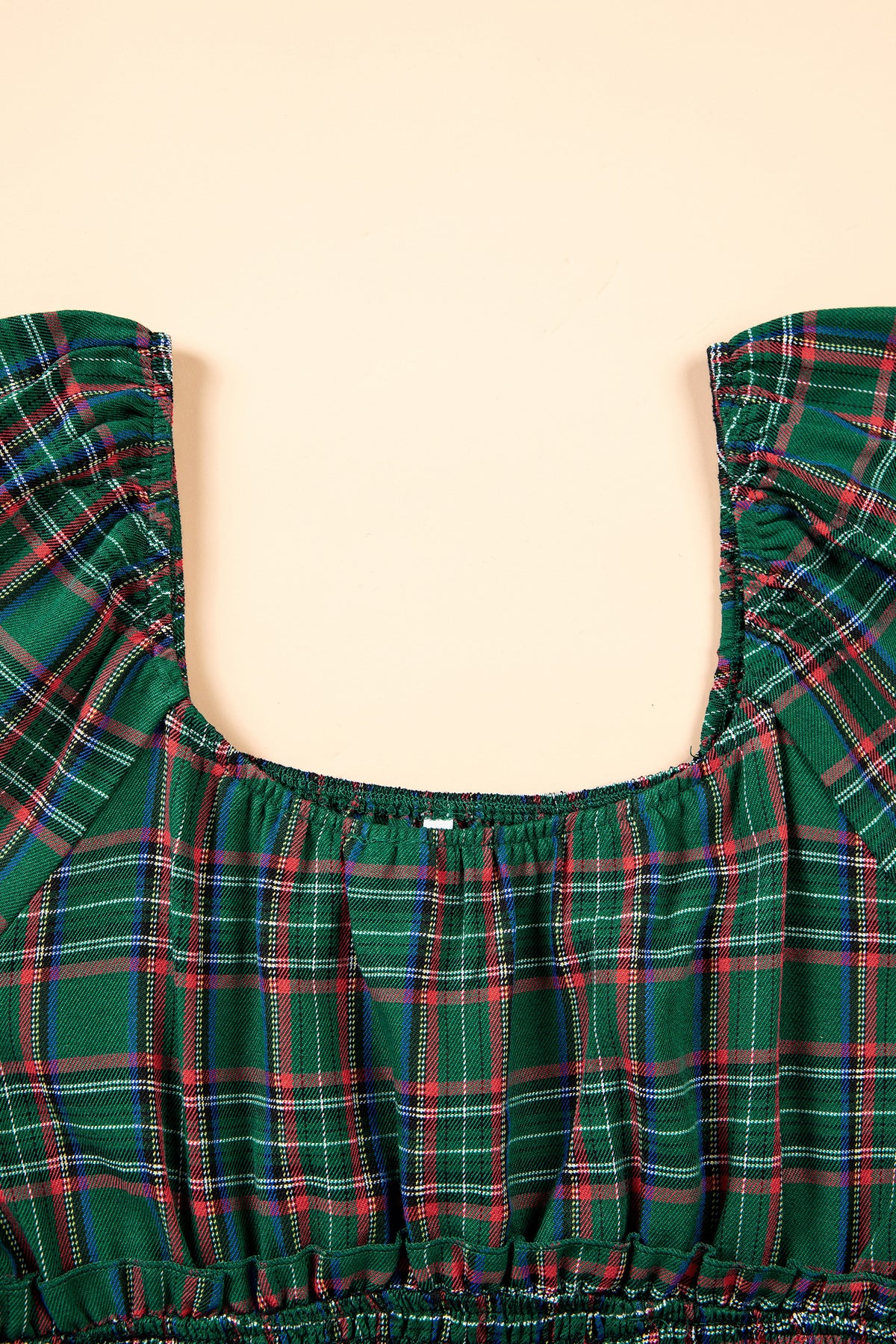 Green Plaid Shirred U Neck Short Sleeve Mini Dress - product photo 6