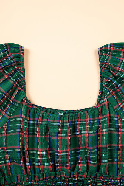Green Plaid Shirred U Neck Short Sleeve Mini Dress - product photo 6