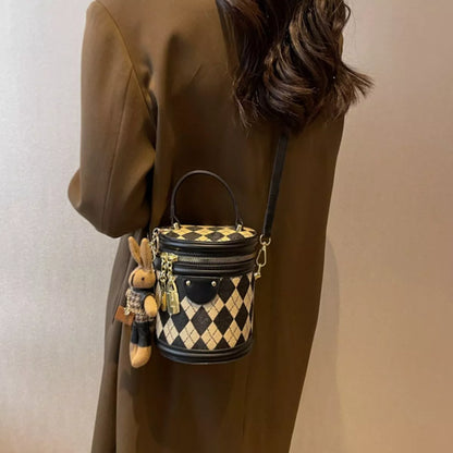 Diamond Pattern Bucket Crossbody Bag - Black - View 2