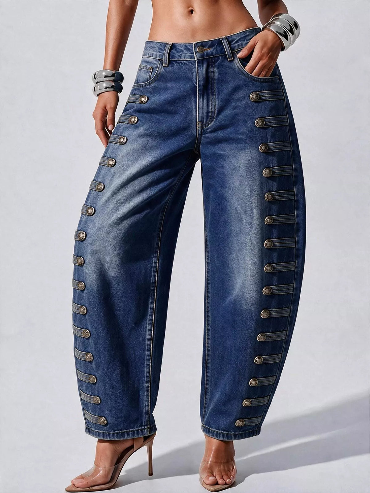 Decorative Button Wide Leg Jeans - Dark Blue - View 5