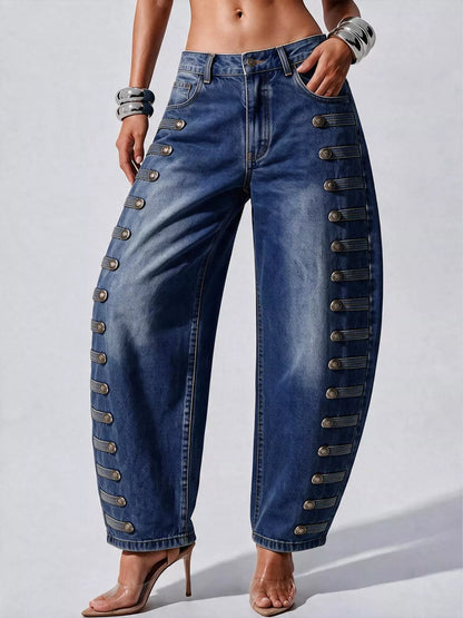 Decorative Button Wide Leg Jeans - Dark Blue - View 5