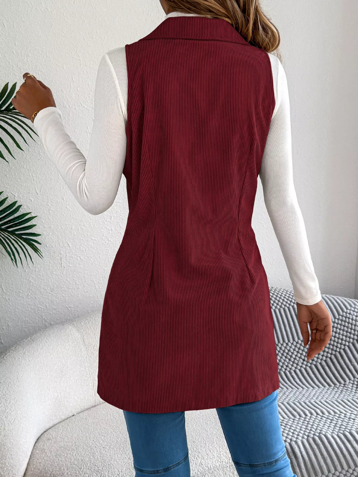 Double-Breasted Long Vest Coat - Burgundy - View 10