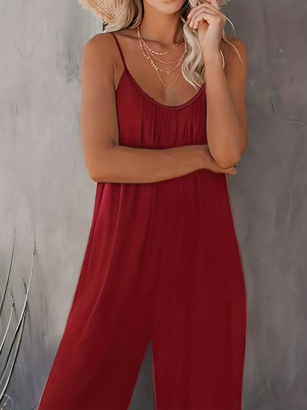 Scoop Neck Spaghetti Strap Jumpsuit - Burgundy - View 3
