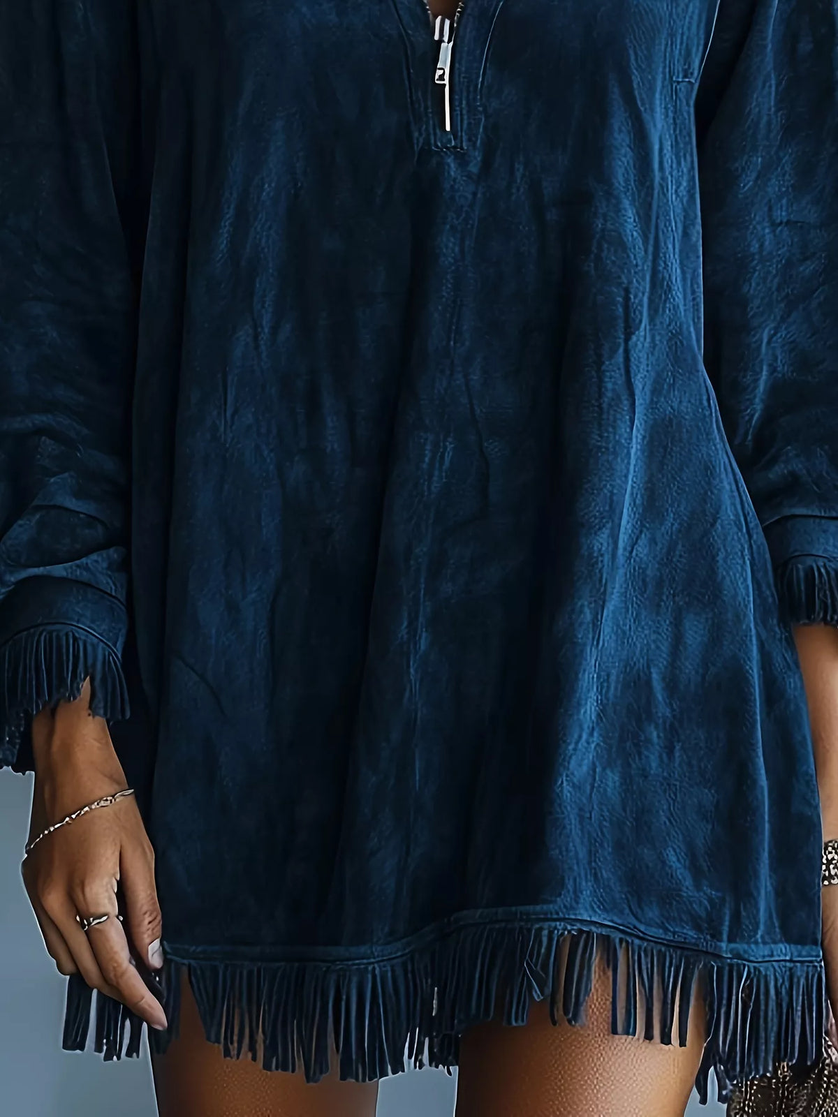Full Size Hooded Fringed Half Zip Mini Dress Plus Size - Dark Blue - View 3