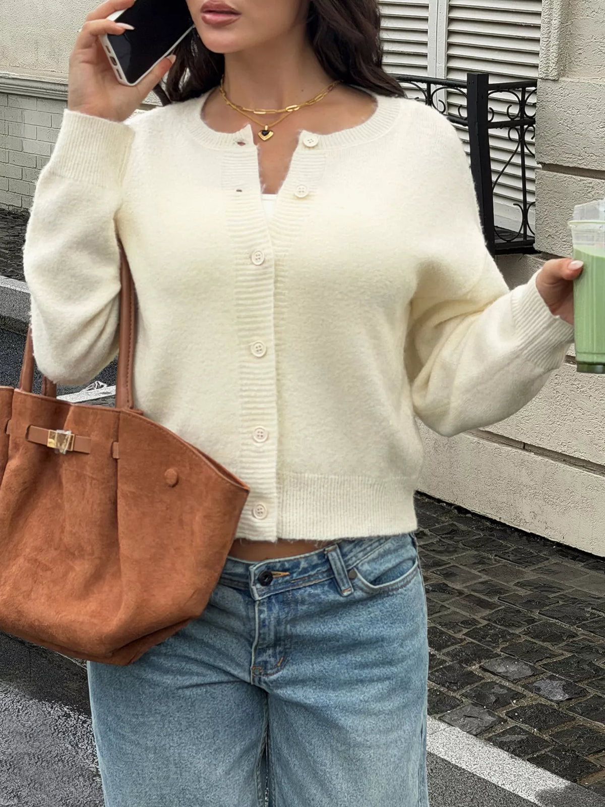 Button-Down Dropped Shoulder Cardigan - Apricot Color - View 1