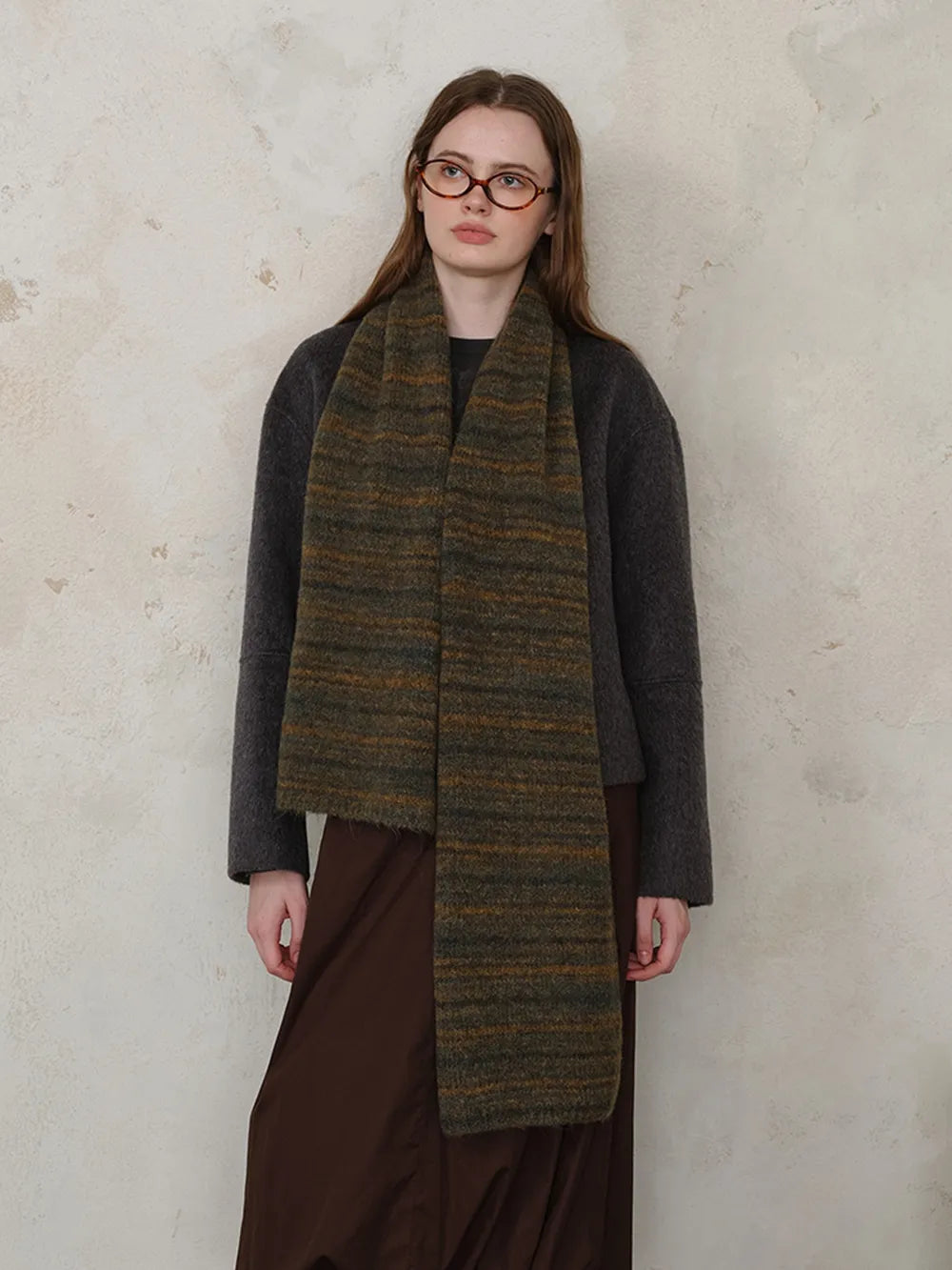 Striped Detail Knit Scarf - Olive - View 8