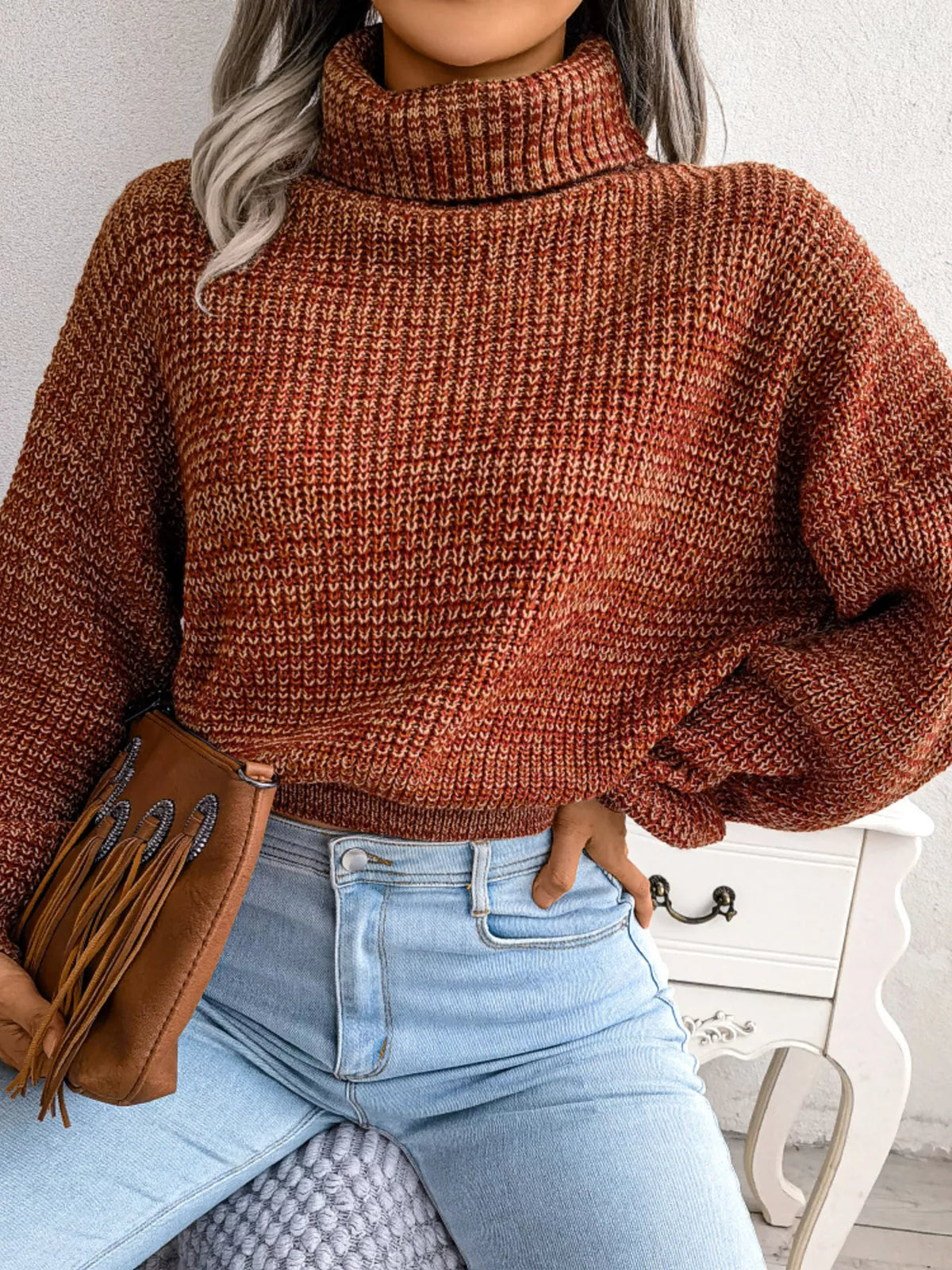 Turtleneck Dropped Shoulder Sweater - Caramel - View 5
