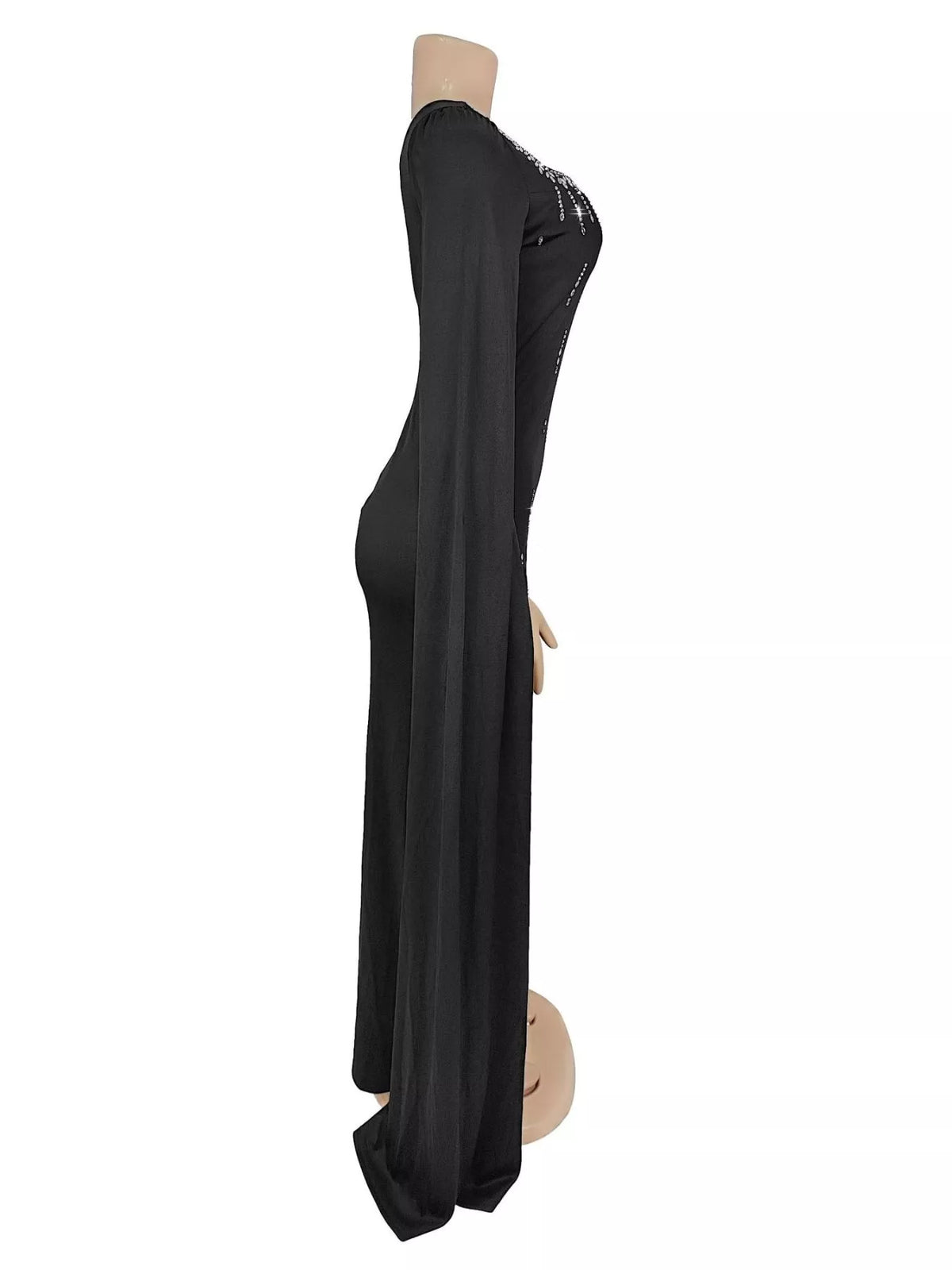 Rhinestone Square Neck Slit Sleeve Maxi Dress - Black - View 5