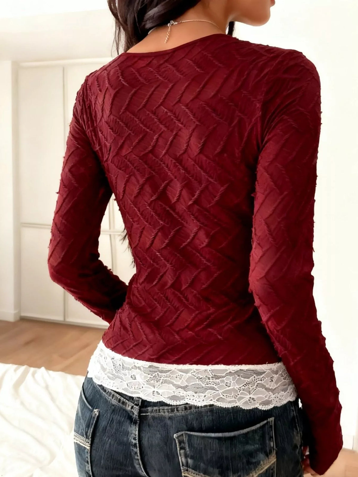Square Neck Lace Trim Textured T-Shirt - Wine Red - View 5