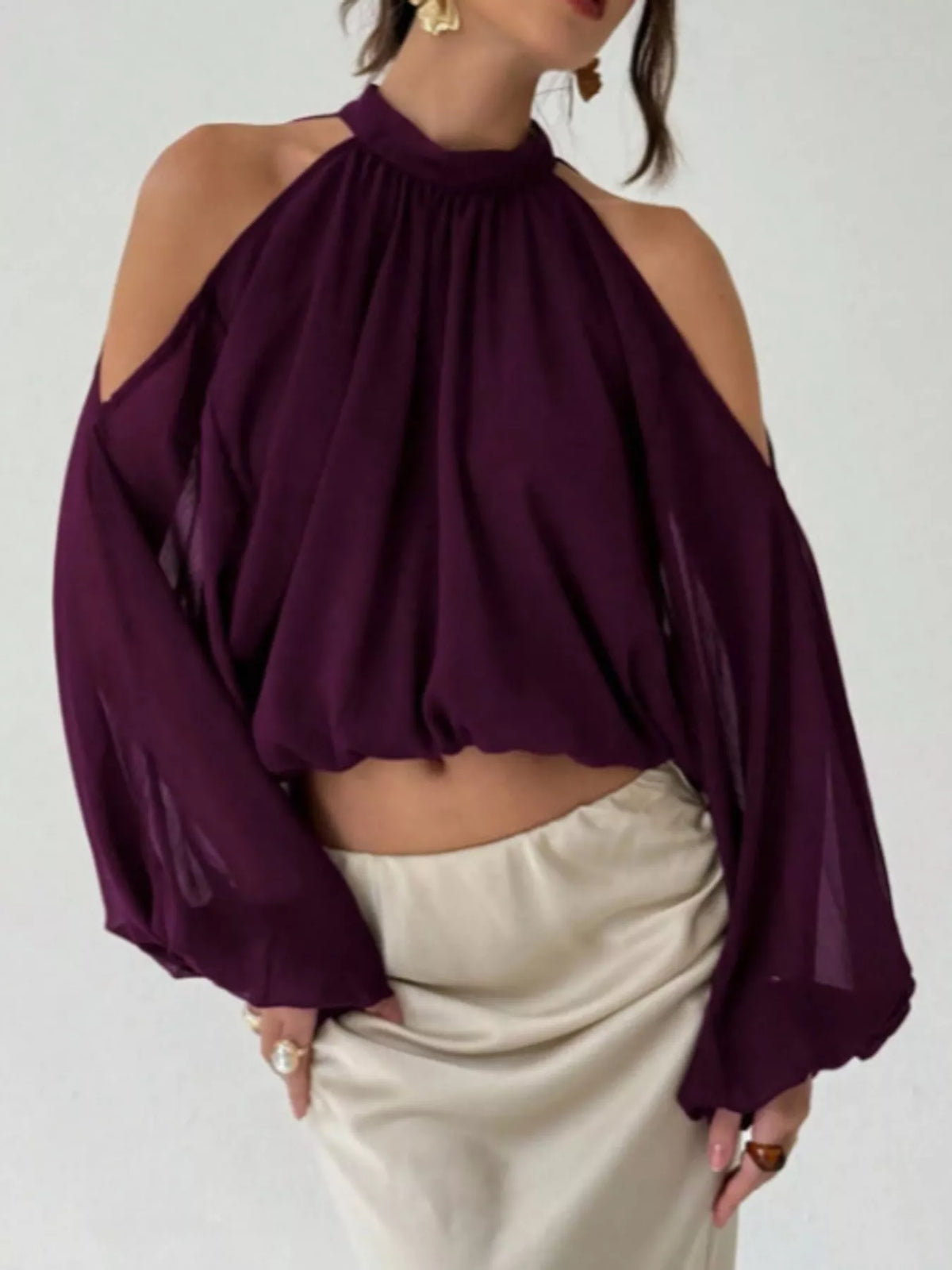 Cold-Shoulder Long Sleeve Blouse - Purple - View 14