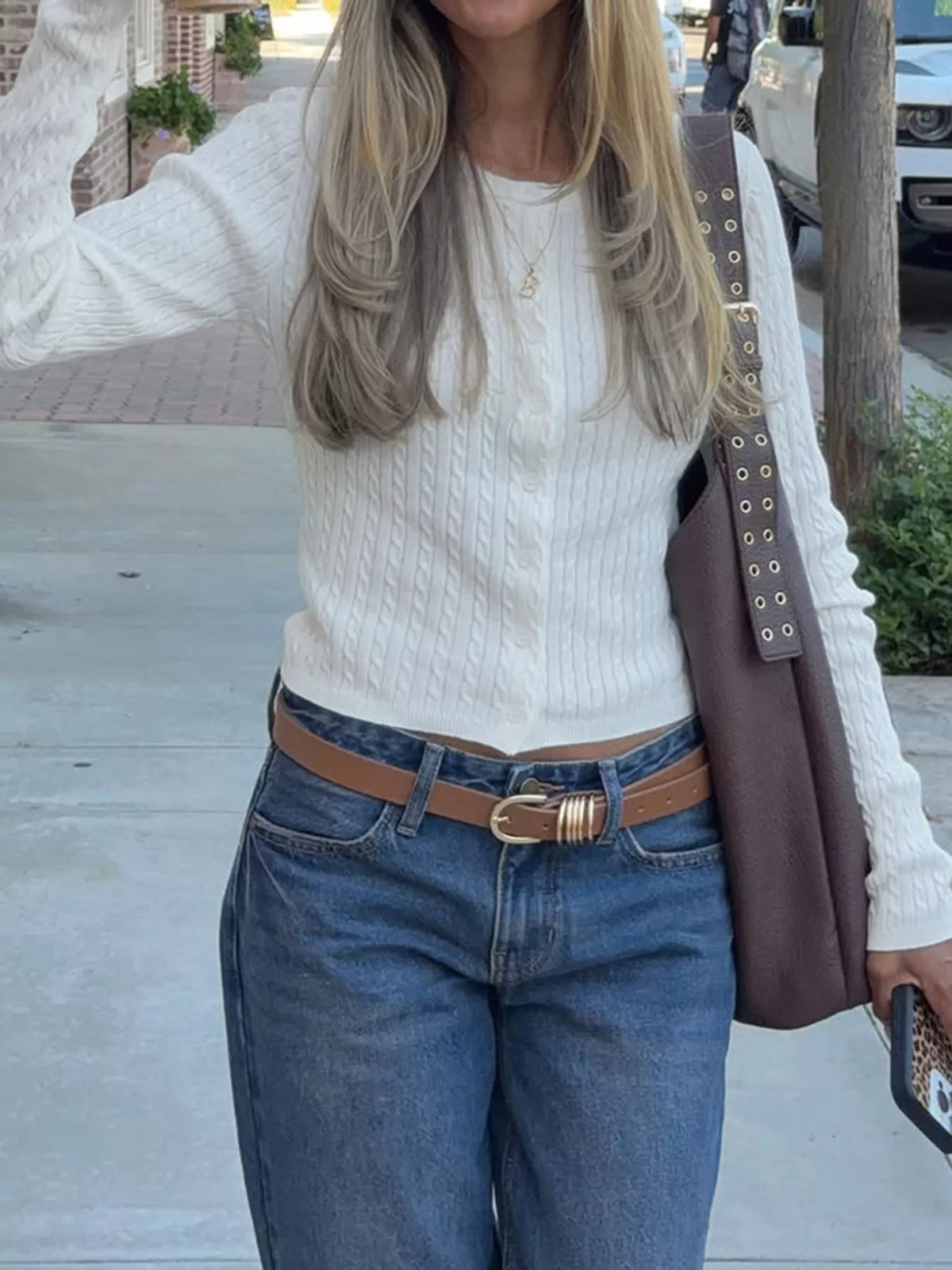 Cable-Knit Button-Down Cardigan - White - View 2