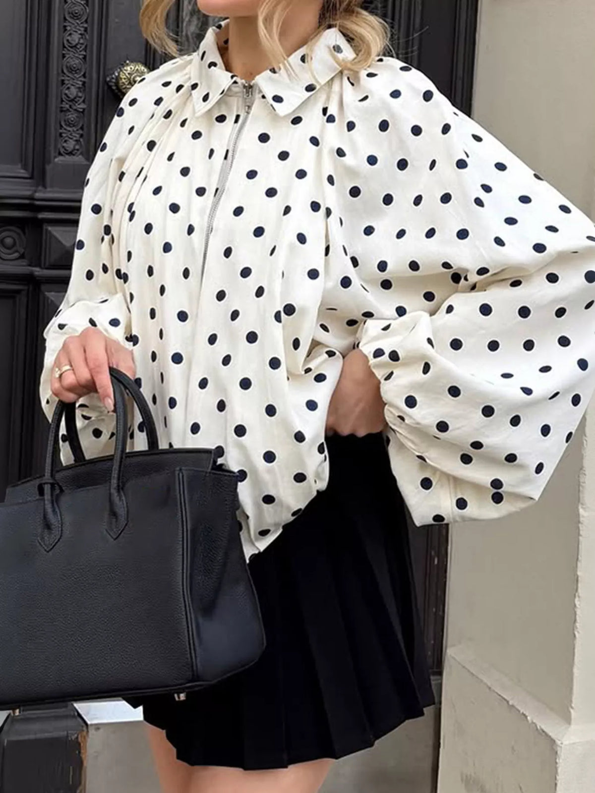 Polka Dot Zip-Up Jacket - White - View 3