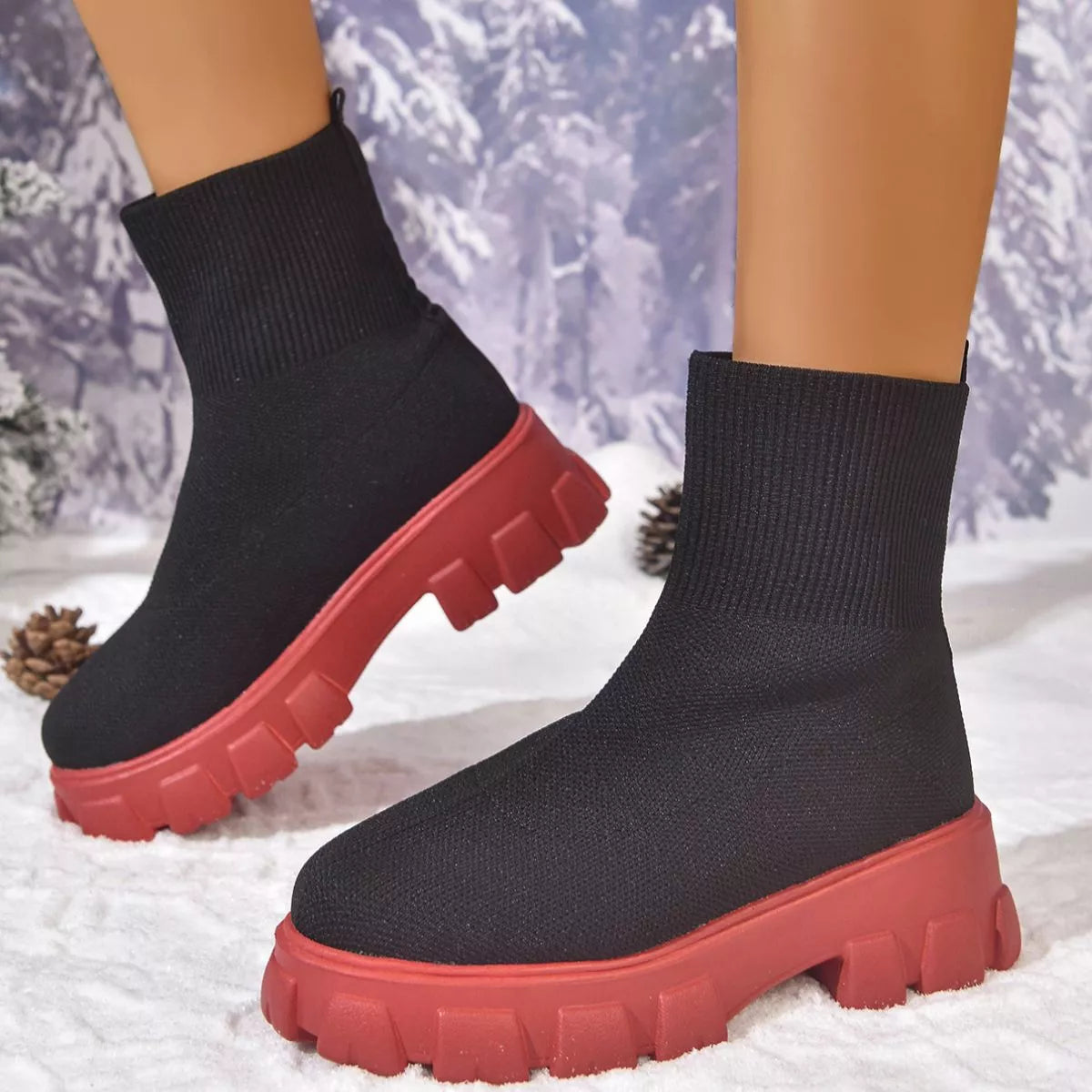 Round Toe Block Heels Boots - blackish red - View 6