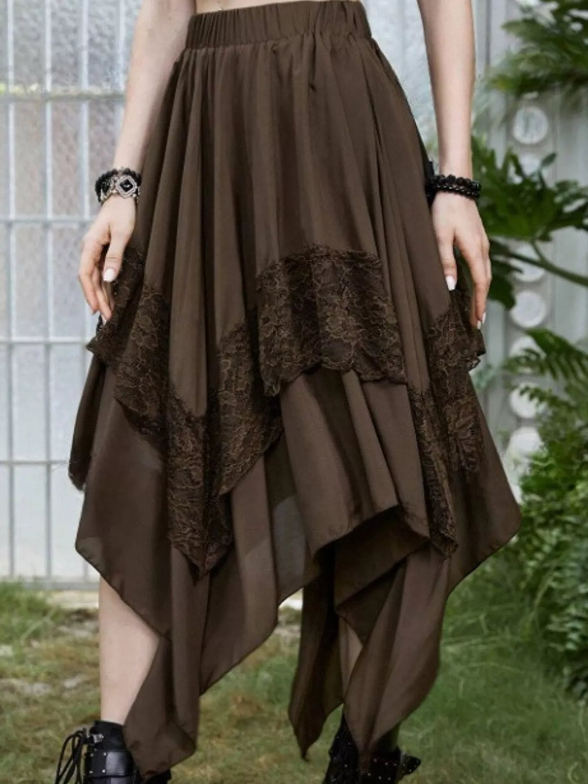 Full Size Asymmetrical Hem Lace Detail Skirt Plus Size - Coffee - View 7