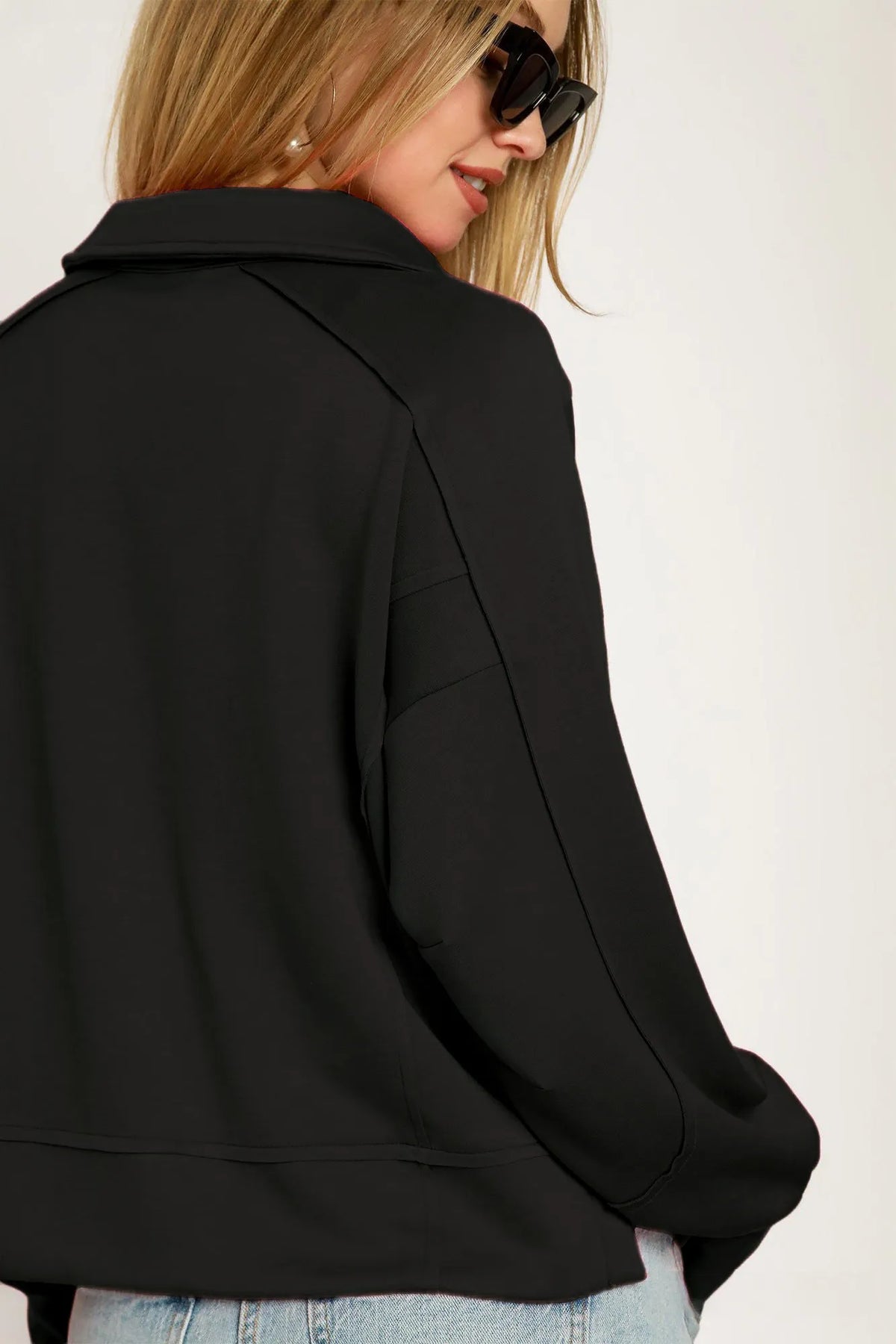 Umgee Collared Neck Long Sleeve Top with Raw Hem Detail - Black - View 3