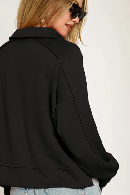Umgee Collared Neck Long Sleeve Top with Raw Hem Detail - Black - View 3