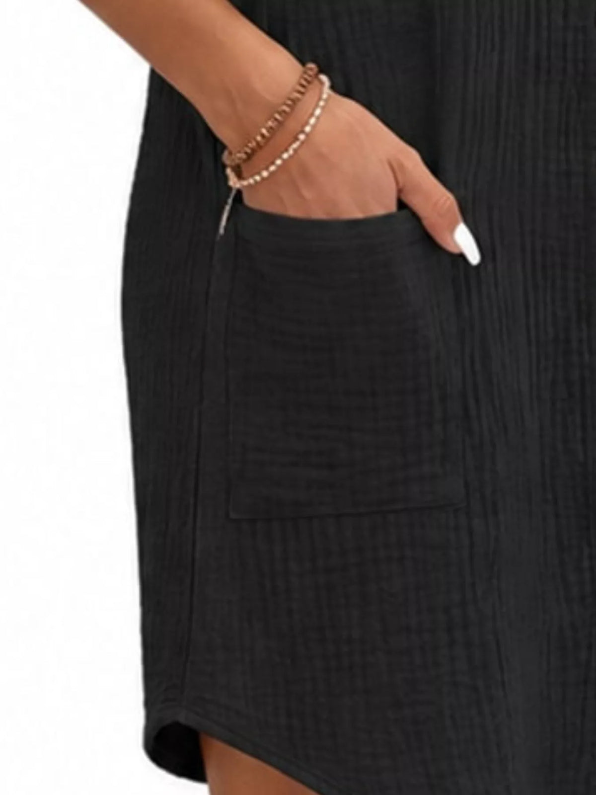 Full Size Button-Down Textured Shirt Dress with Pockets Plus Size - Black - View 8