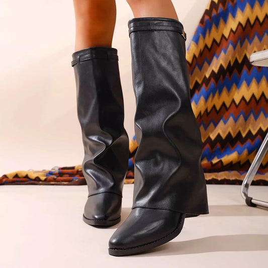 Point Toe Block Heel Boots - Black - View 2