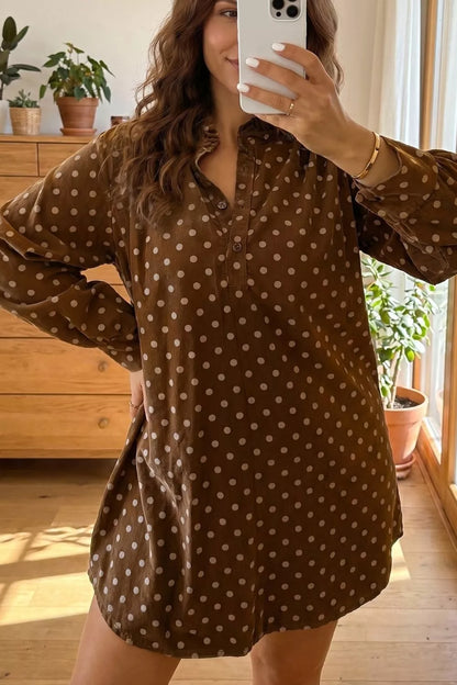 Polka Dot V Neck Long Sleeve Button Shift Dress - Brown - View 2