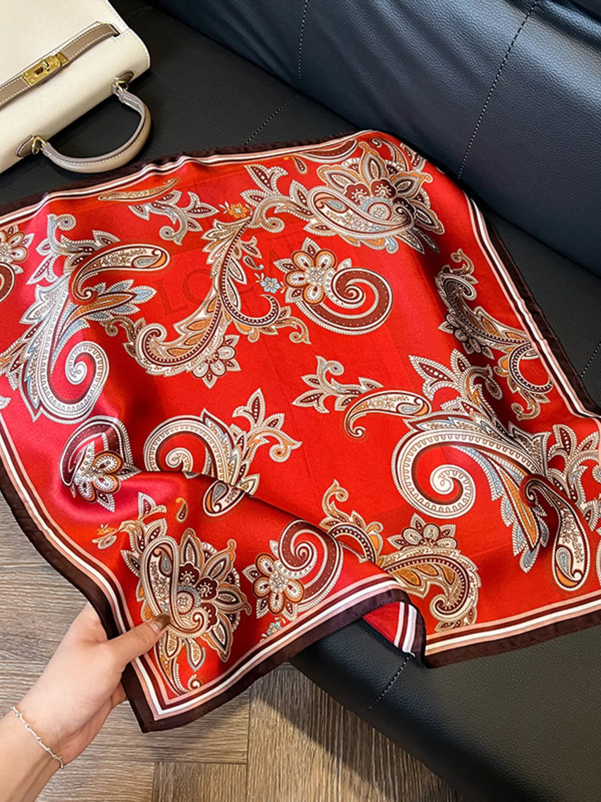 Vintage Paisley Silk Scarf - Deep Red - View 9