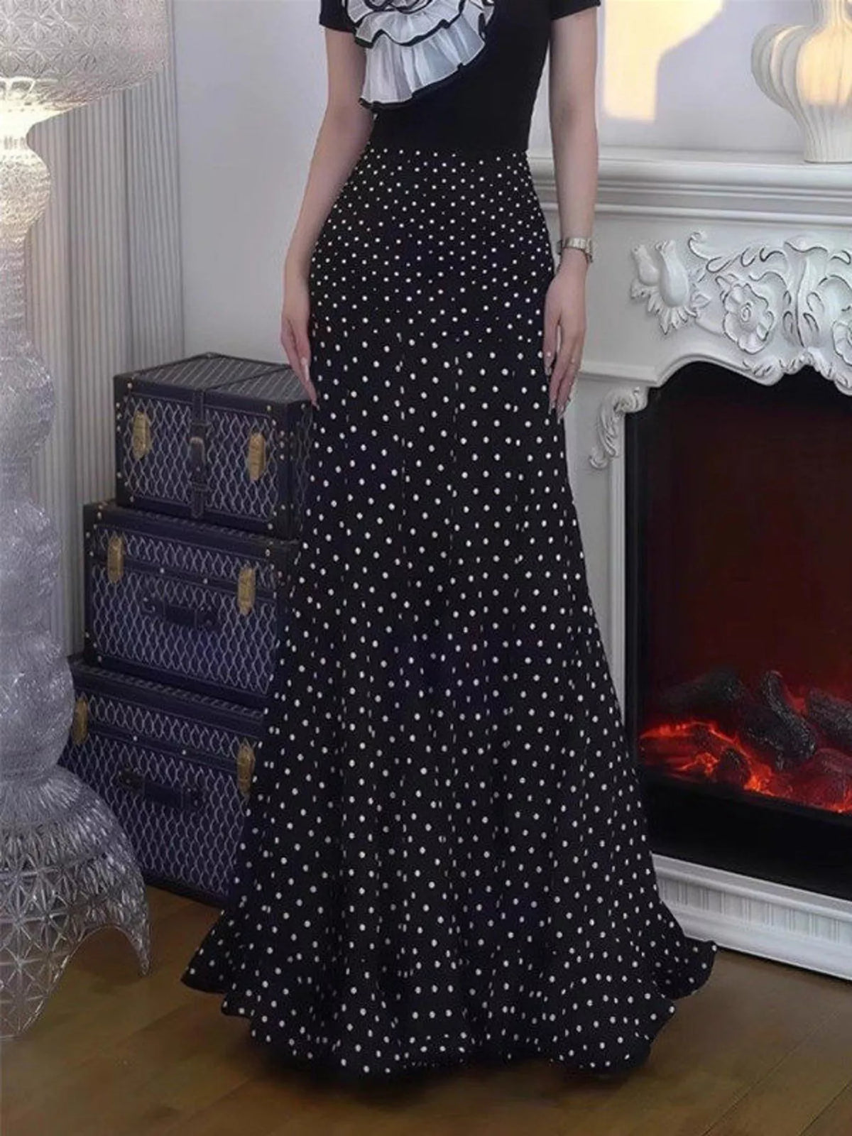 Polka Dot Mermaid Maxi Skirt - Black - View 11
