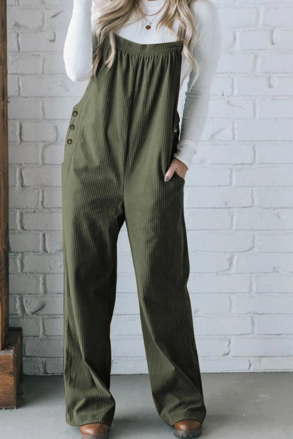 Square Neck Wide Strap Overalls - Army Green - View 10