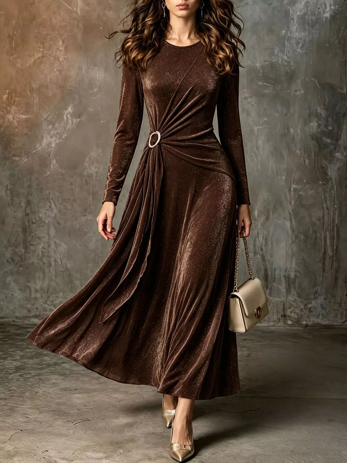 Full Size Velvet Long-Sleeve Maxi Dress with Ring Detail Plus Size - Coffee Brown - View 1