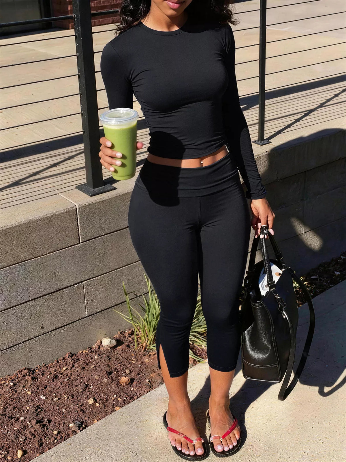 Slim-Fit Long Sleeve Crop Top and High-Waisted Split-Hem Leggings Set - Black - View 2