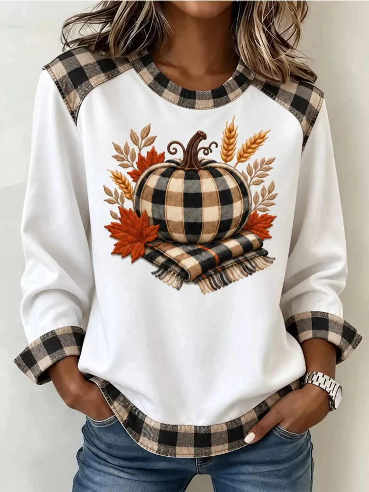 Full Size Pumpkin Plaid Patchwork Long Sleeve Sweatshirt Plus Size - White - View 1