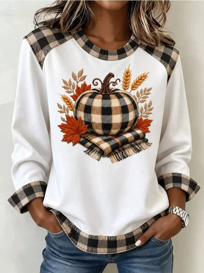 Full Size Pumpkin Plaid Patchwork Long Sleeve Sweatshirt Plus Size - White - View 1