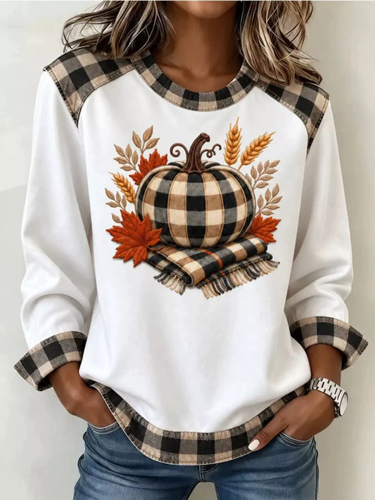 Full Size Pumpkin Plaid Patchwork Long Sleeve Sweatshirt Plus Size - White - View 1