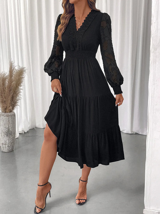 Lace Detail Lantern Sleeve Tiered Dress - product photo 1