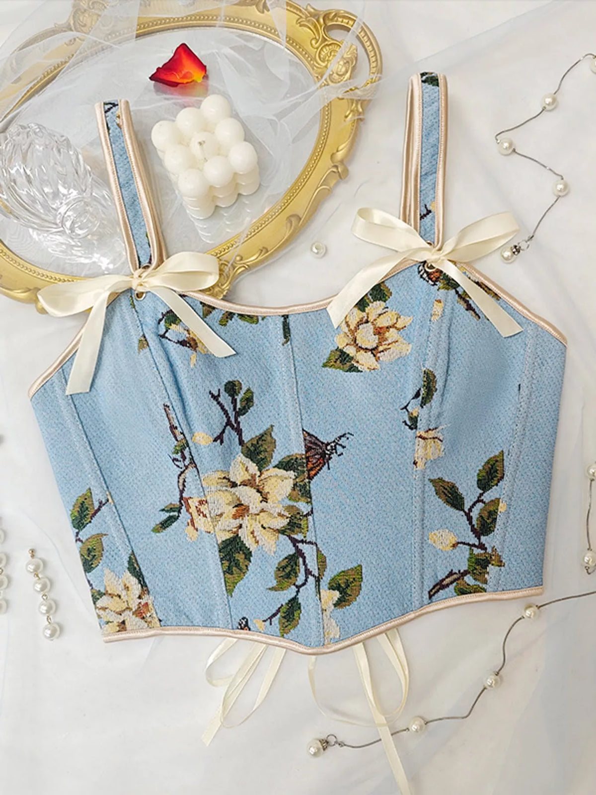 Floral Lace Up Back Tank - Light Blue - View 10