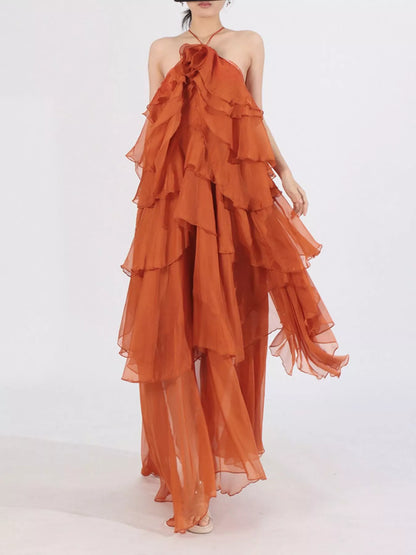 Ruffled Chiffon Halter Neck Maxi Dress - Orange - Styled Walking Front View