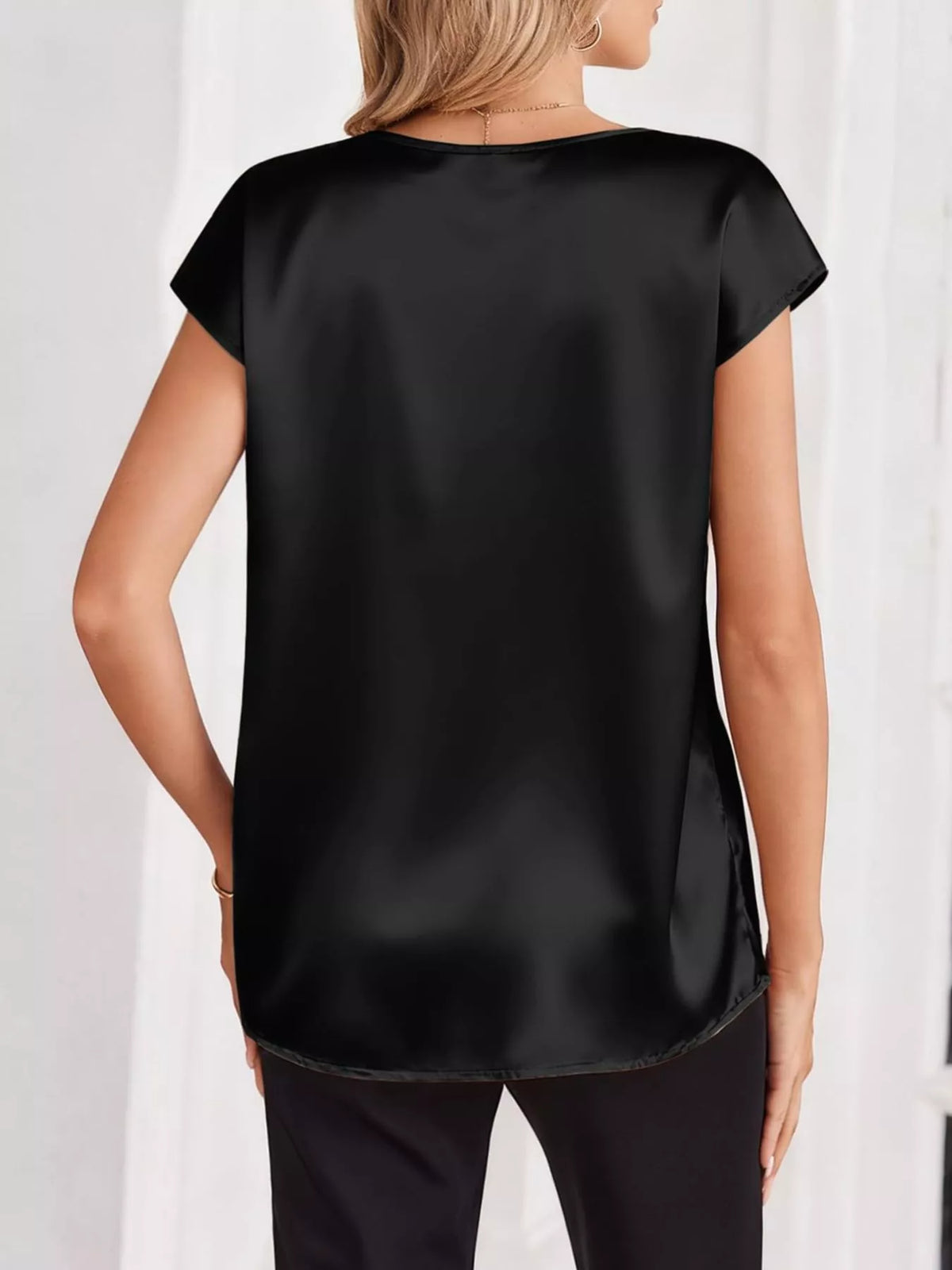 Satin V-Neck Cap Sleeve Blouse - Black - View 19