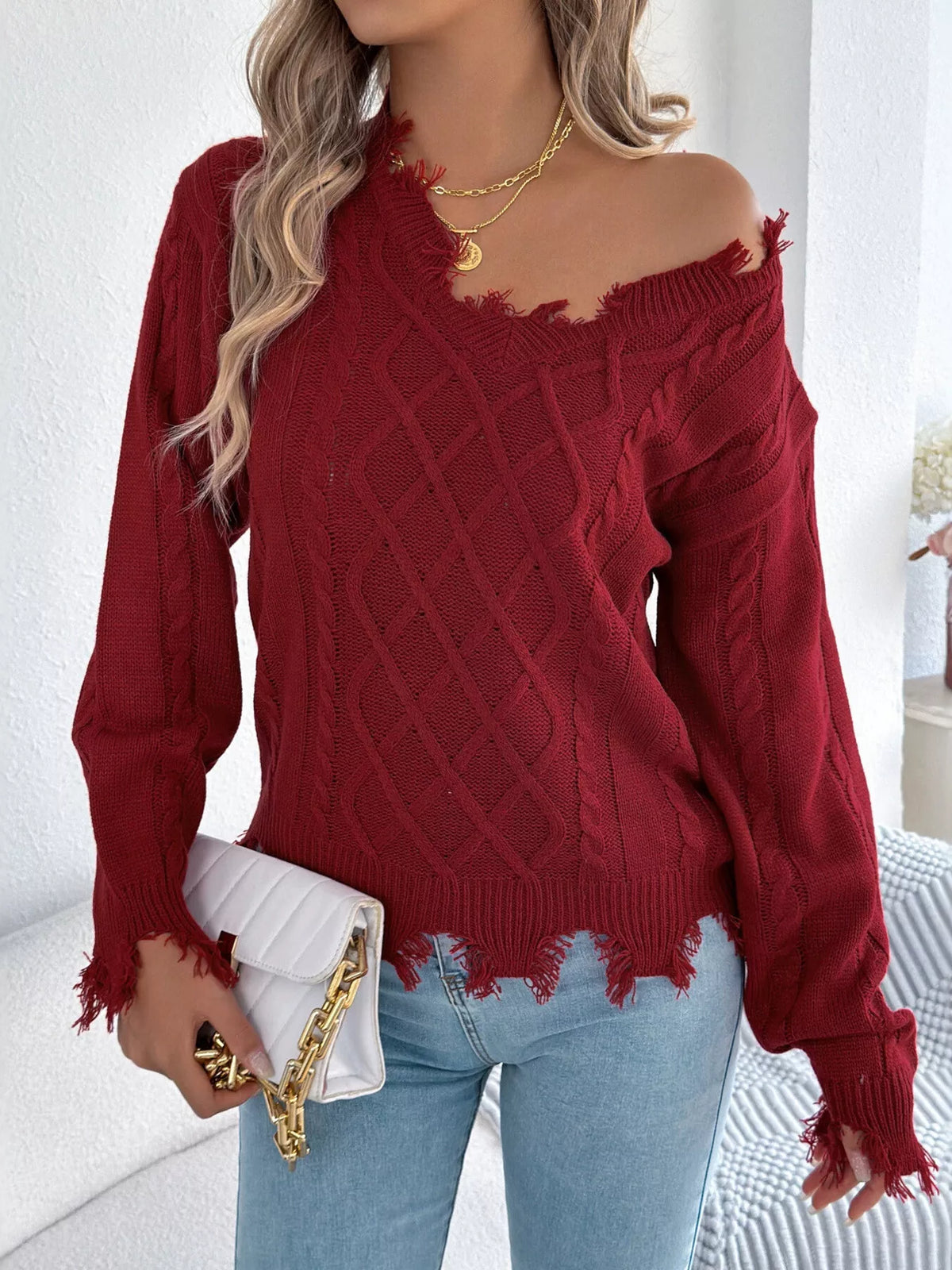 V-Neck Distressed Hem Cable Knit Sweater - Burgundy - View 1
