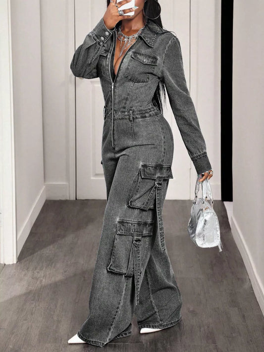 Zip Front Wide Leg Cargo Denim Jumpsuit - Gray - View 1