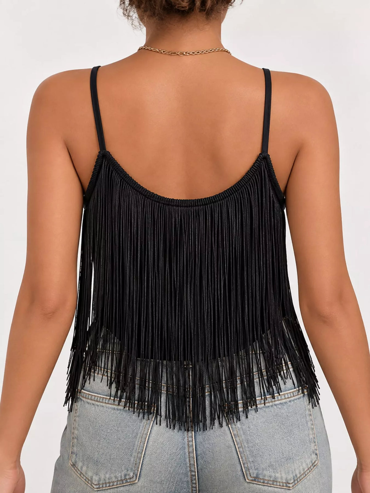 Fringe Trim V-Neck Cami - Black - View 7