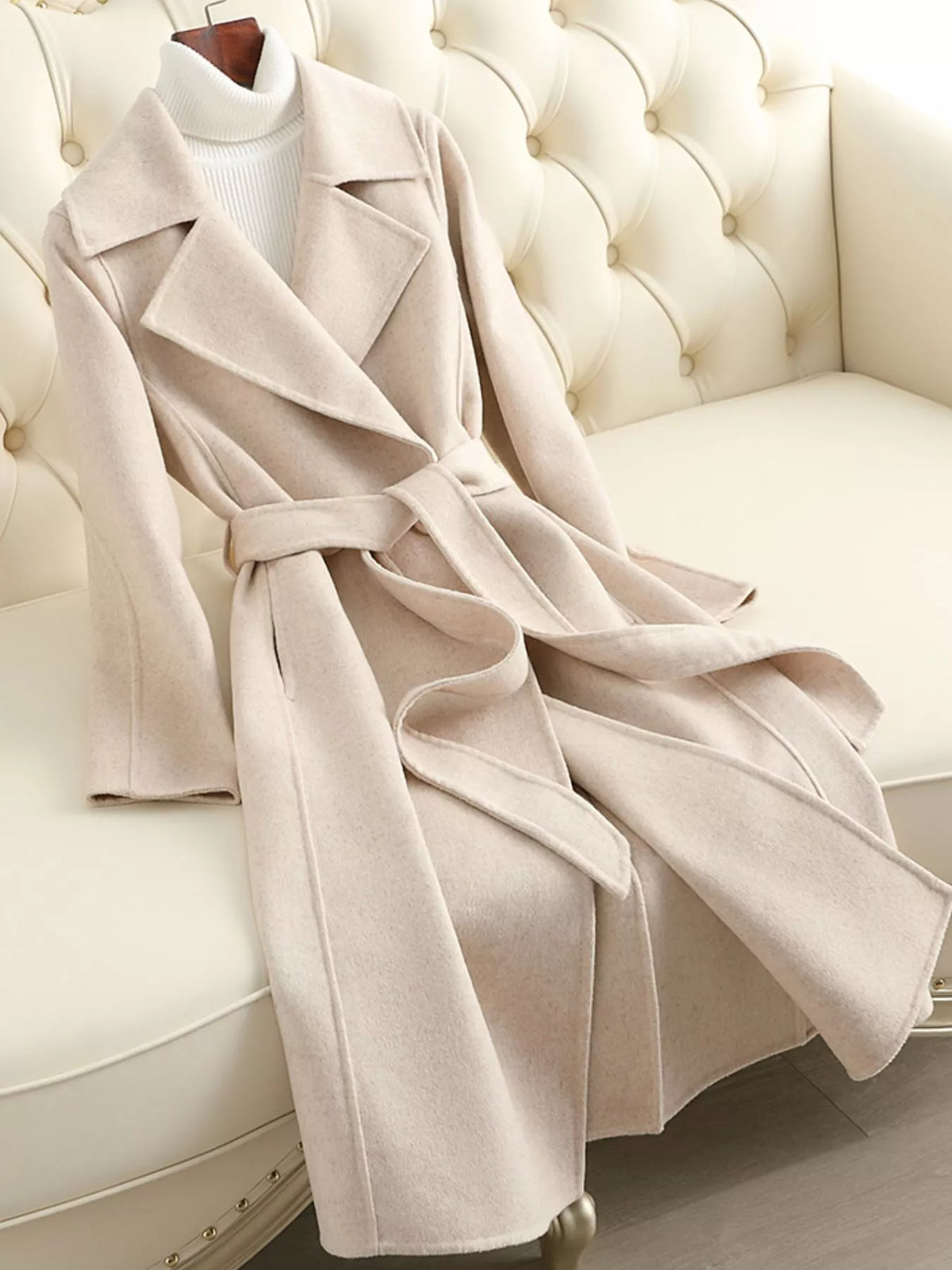 Longline Wool Coat with Waist-Defining Belt - Off White - View 11